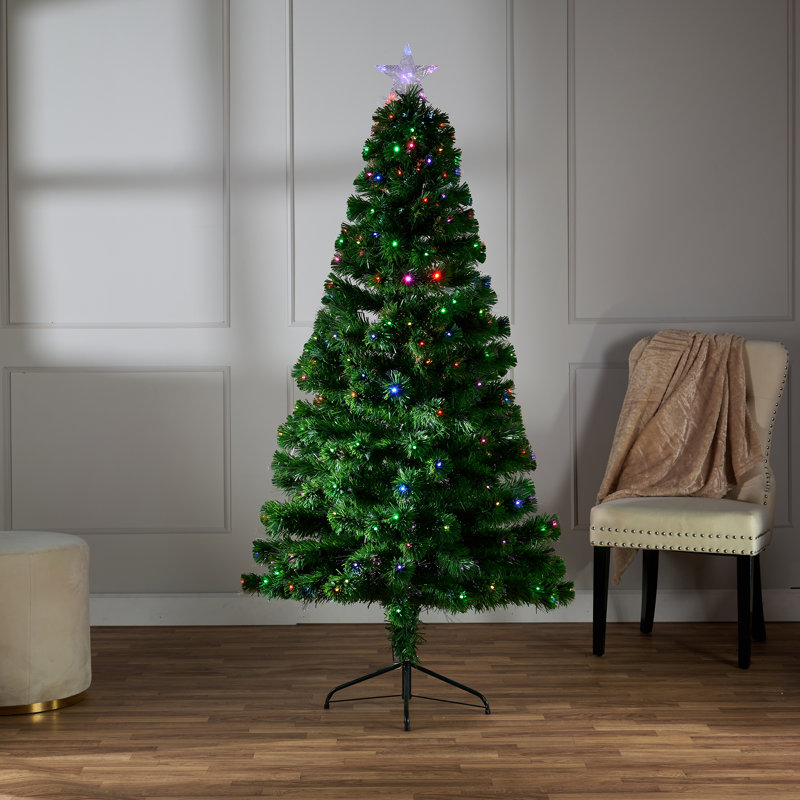 Arbre de Noël artificiel pin vert en fibre optique 6 pi avec lumières blanches / froides, Multicolore