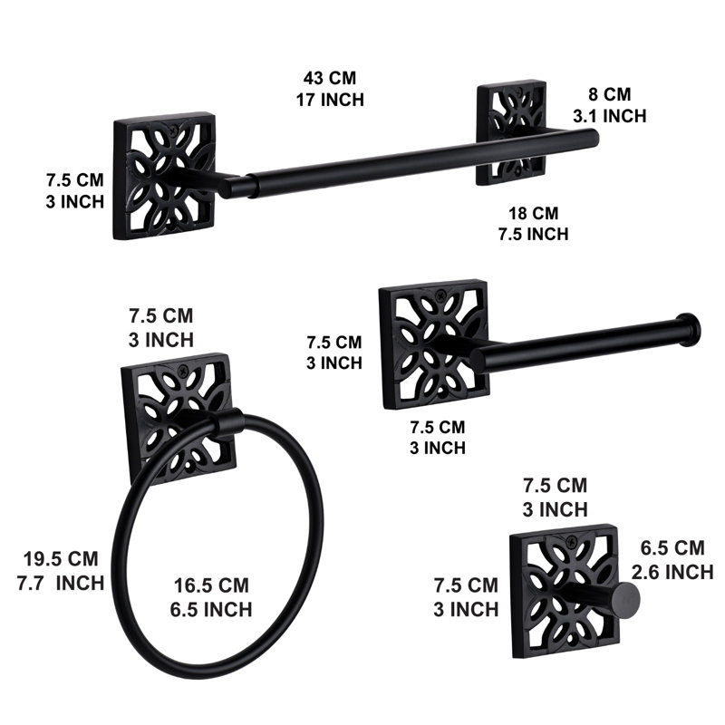 Matte Black 5-Piece Bathroom Hardware Set with Towel Rack