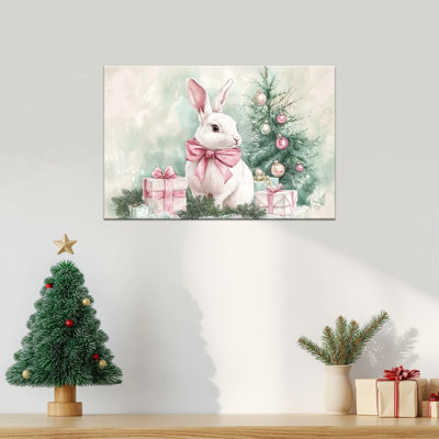 Grand grand lapin de Noël, art mural sur toile - Scène de vacances d'hiver avec lapin, arc rose, arbre, cadeaux pastel, peinture sur toile pour décor de Noël de la cuisine de la ferme, prêt à être accroché, 24 po x 36 po