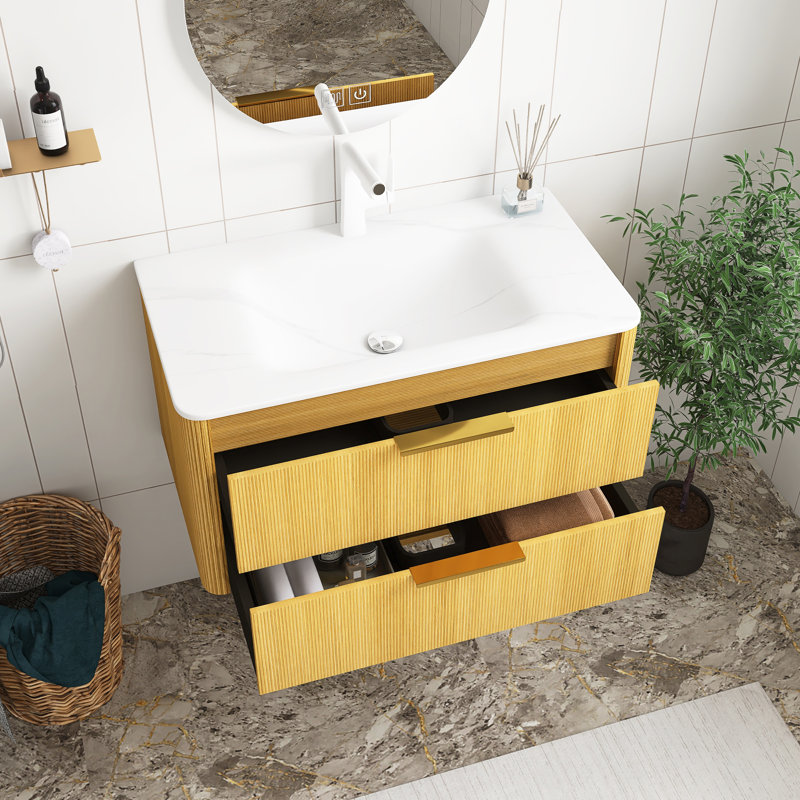Meuble-lavabo de salle de bain avec lavabo, armoire de rangement flottante à fines rayures avec tiroirs, lavabo intégré en pierre frittée blanche Carrara, pré-assemblé