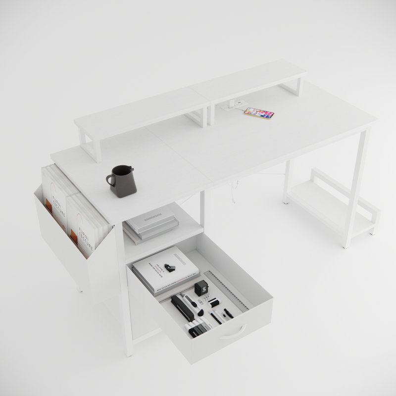 47" Computer Desk With Power Outlet,Monitor Stands,Shelves, Office Desk/Writing Table/Gaming Desk With Drawers,Large Side Pocket And Hooks,Easy To Assemble,Frame Stability Reversible