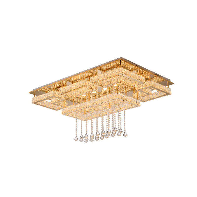 Plafonnier encastré 8 lumières DEL or avec cristaux transparents