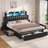 PU Upholstered Bed Frame with Storage Drawers & RGB Bookcase Headboard, Charging Station-642687624-614688175