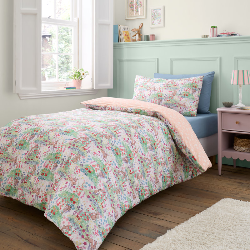 Meadow Bunnies Cotton Floral Duvet Cover Set with Pillowcases Included, Single
