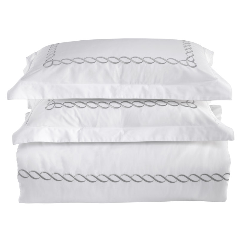  500 Thread Count Cotton Sateen Hotel Stitch Duvet Cover Set, Queen Duvet Cover + 2 Shams, Silver