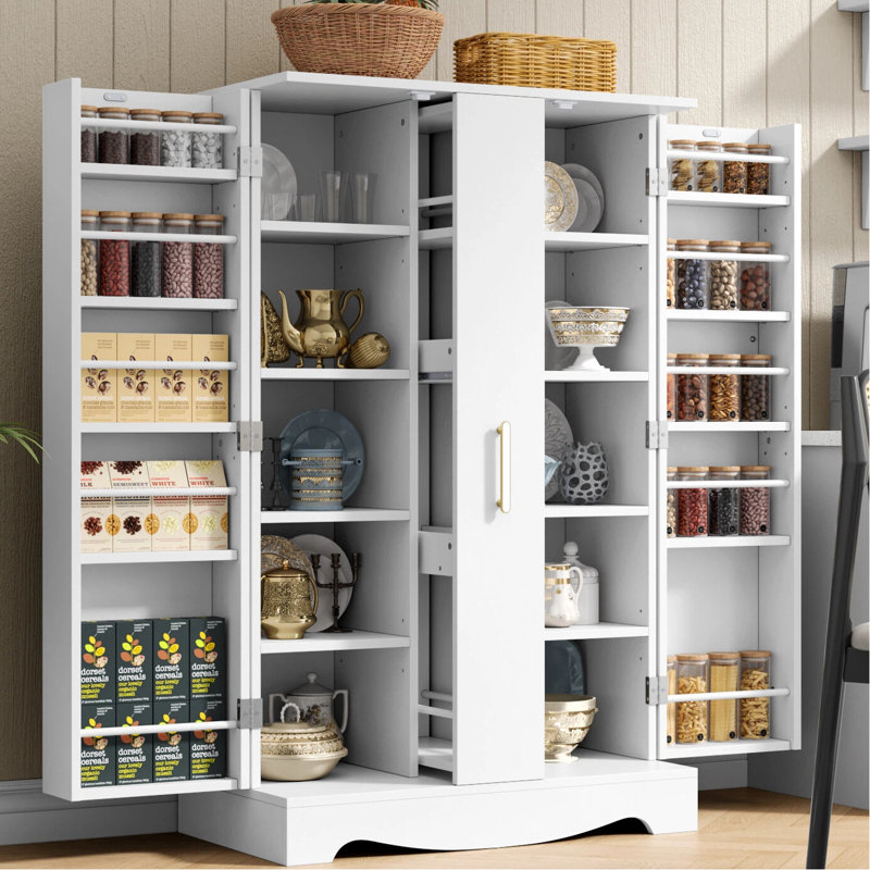 Armoire de rangement blanche autoportante de 47,4 po de hauteur, porte coulissante centrale et 2 portes à charnières latérales, tablettes réglables et supports de porte intérieure