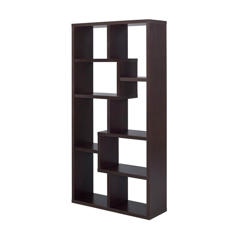 Bibliothèque à 10 tablettes avec motif géométrique en cappuccino, tablettes ouvertes, panneau de particules