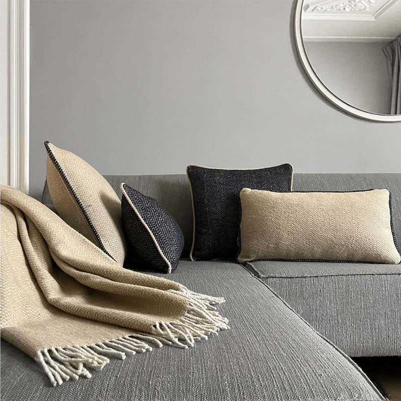 Leora Wool Blend Woven Throw Lumbar Pillow in Raven Black, Black
