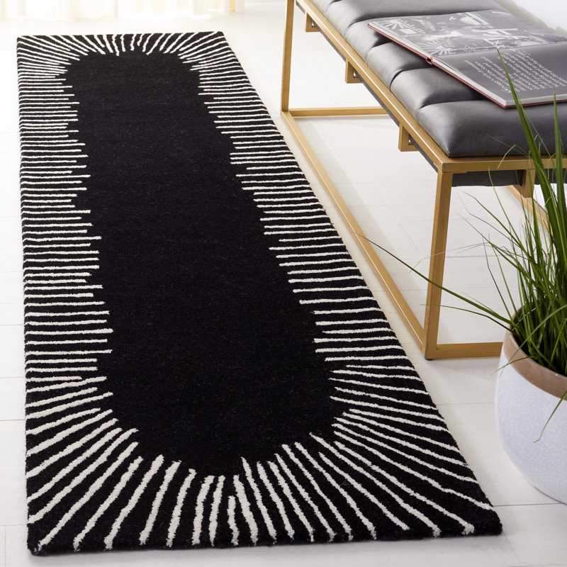 Tapis noir / ivoire en laine / coton touffeté à la main Jarie, Tapis de couloir 2 pi 3 po x 11 pi