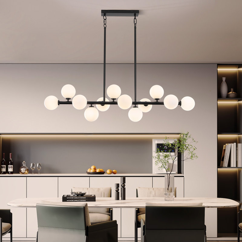 12 - Light Dimmable Bubble Glass Sputnik Modern Linear Chandelier, Black and White, White