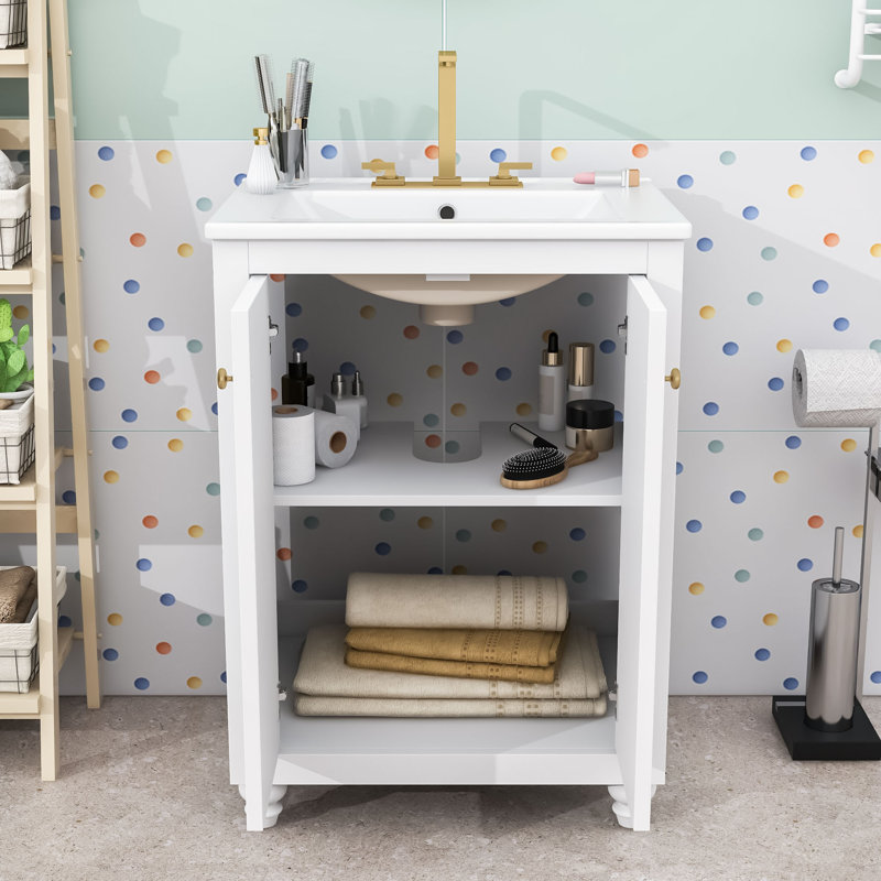 Élégant meuble-lavabo peu encombrant avec lavabo en céramique, tablette réglable et charnières à fermeture en douceur, White