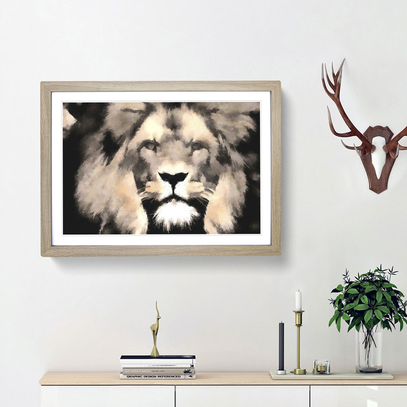Lion - Picture Frame Graphic Art Print, 62cm H x 87cm W x 2cm D, Oak Framed