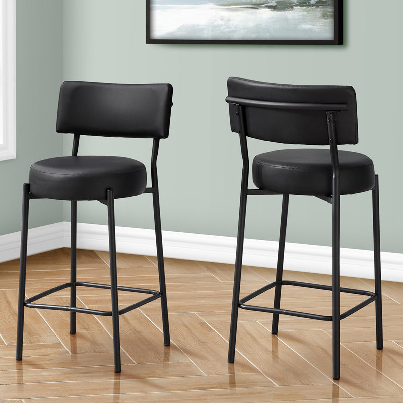 Contemporary Black Leather Look Barstools, Set of 2, with Curved Backrest and Sturdy Metal Frame for Comfortable Seating