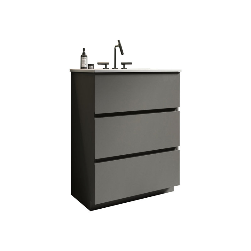 Rangement de salle de bain moderne - Finition grise et grands tiroirs silencieux de conception spacieuse