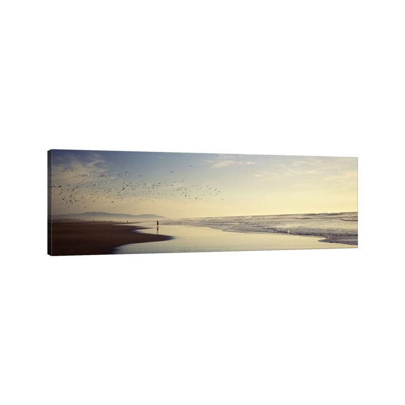 Flock Of Seagulls Flying Above A Woman On The Beach, San Francisco, California, USA - Wrapped Canvas Panoramic Print