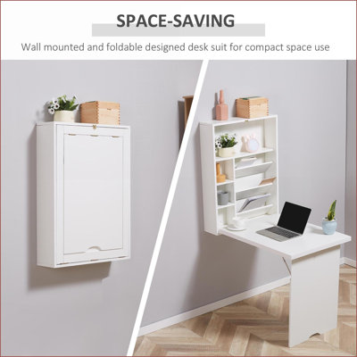 Bureau convertible mural avec tablettes de rangement, moderne | Blanc | Panneau de fibres à densité moyenne