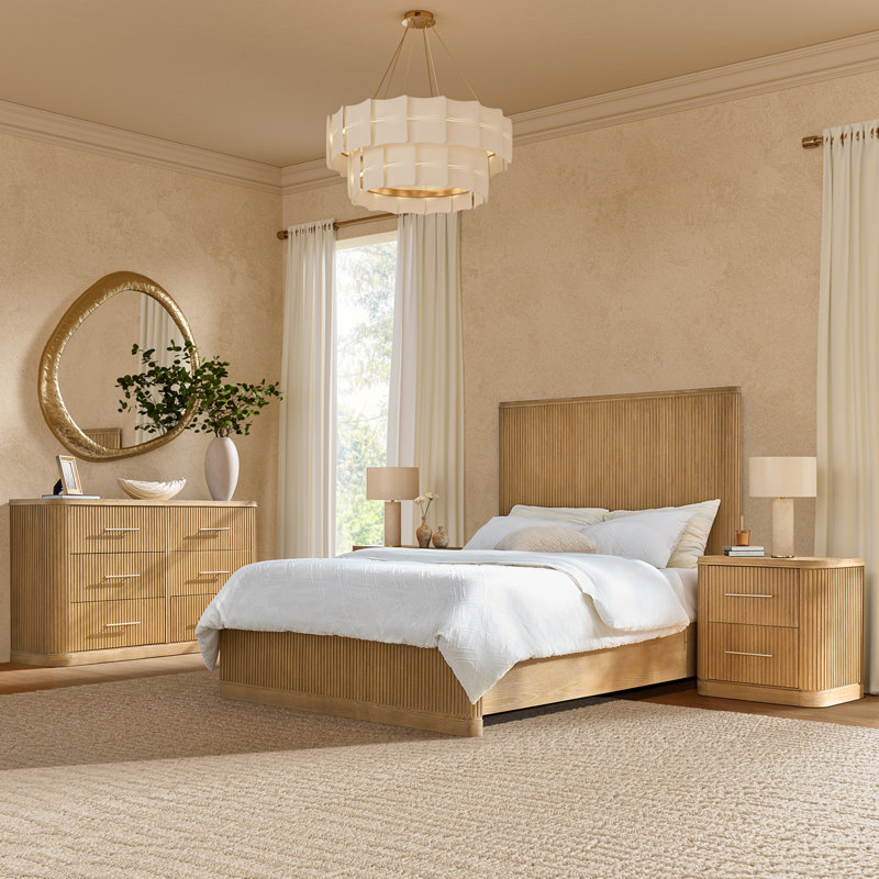 Graciana 4-Piece Fluted Solid Wood Bedroom Set, Natural, Queen