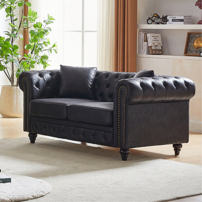 Canapé Chesterfield de 63,5 po de style contemporain, canapé modulaire en tissu Tech, boutons capitonnés avec accoudoirs cloutés avec 2 coussins, revêtement rembourré et pieds en bois
