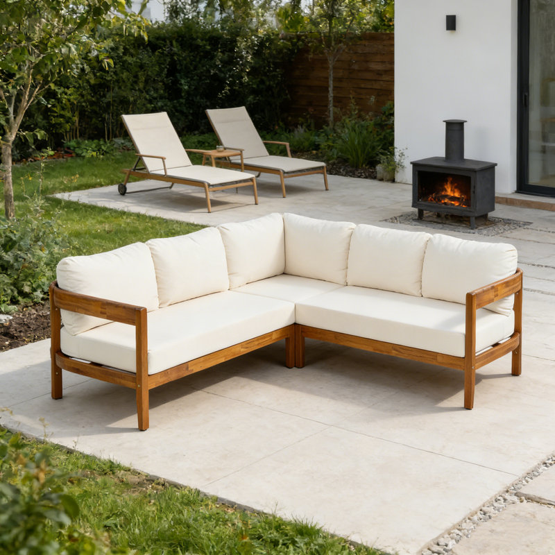 Ensemble de mobilier d'extérieur en bois d'acacia massif avec 6 coussins moelleux et sac à dos, Blanc