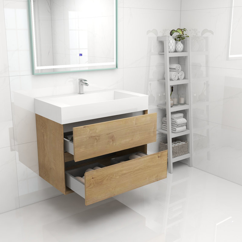 36" Wall Mounted Single Bathroom Vanity, Oak