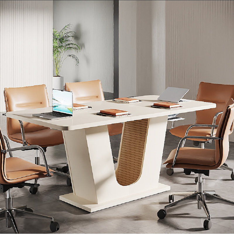 55" White Conference Table, Rectangle Small Meeting Table Seminar Table for 4-6 People