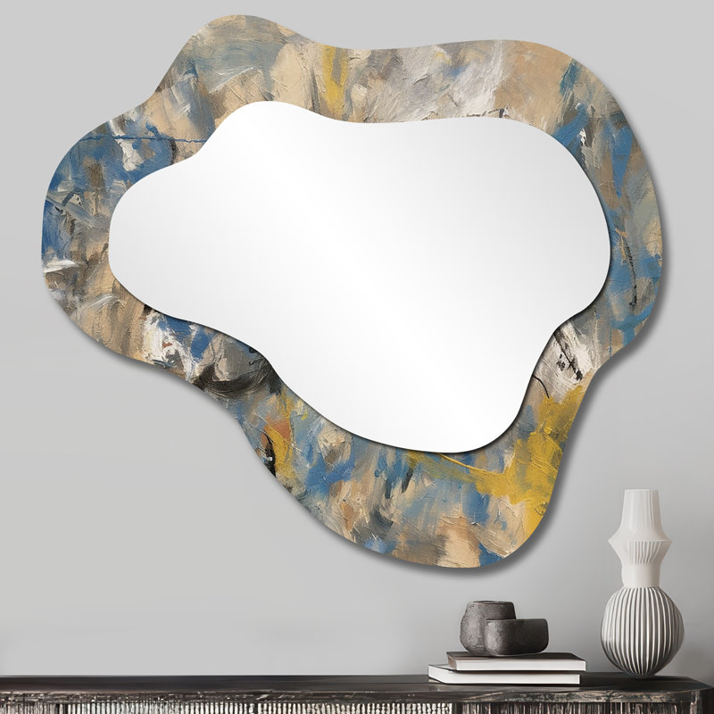 Southern Sunrise Abstract Expressionism V - Abstract Collages Irregular Shape Wall Mirror, Blue Asymmetrical Decorative Mirror, Printed Metal Art