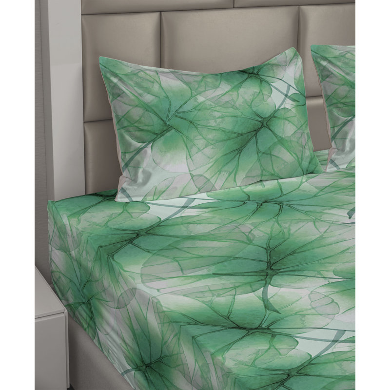 Ambesonne Watercolor Botany Sheet Set 4 Pcs Retro Boho Bloom, Twin Sheet Set with 1 Pillowcase, Shamrock Green Floral