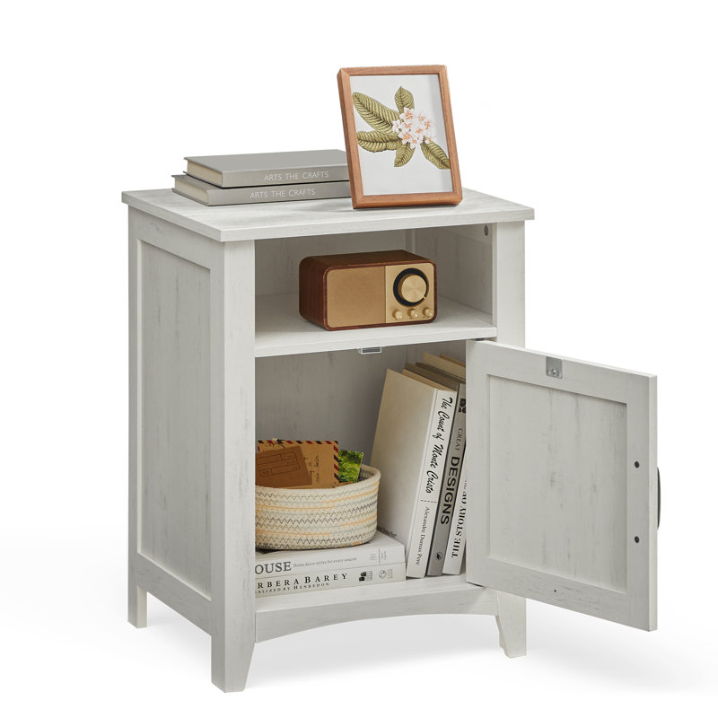 Bauman Farmhouse Nightstand, Bedside Table with a Cabinet and Open Compartment, White