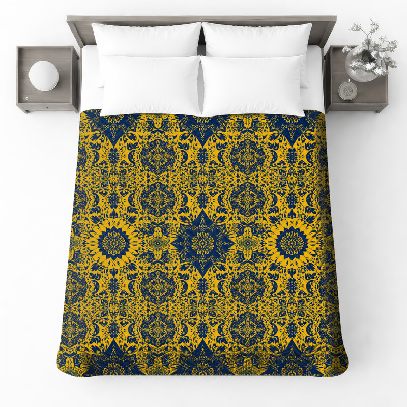 Yellow Blue Damask Quilted Bedspread All Sizes, Full / Double