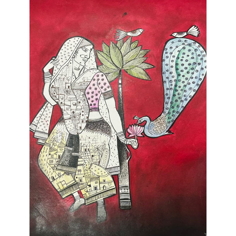Dame avec un paon | Acrylique sur toile | Par Anupam Upadhyay