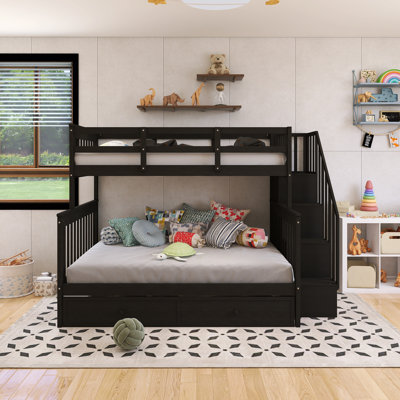 Lit superposé simple au-dessus de double avec cadre en bois avec lit gigogne simple, rangement et garde-corps