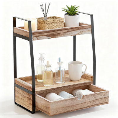 2-Tier Bathroom Countertop Organizer With Drawers, Multi-Functional Storage Shelf For Vanity, Kitchen, Office, And Living Room, Space-Saving Design With Stable Metal And Wood Construction