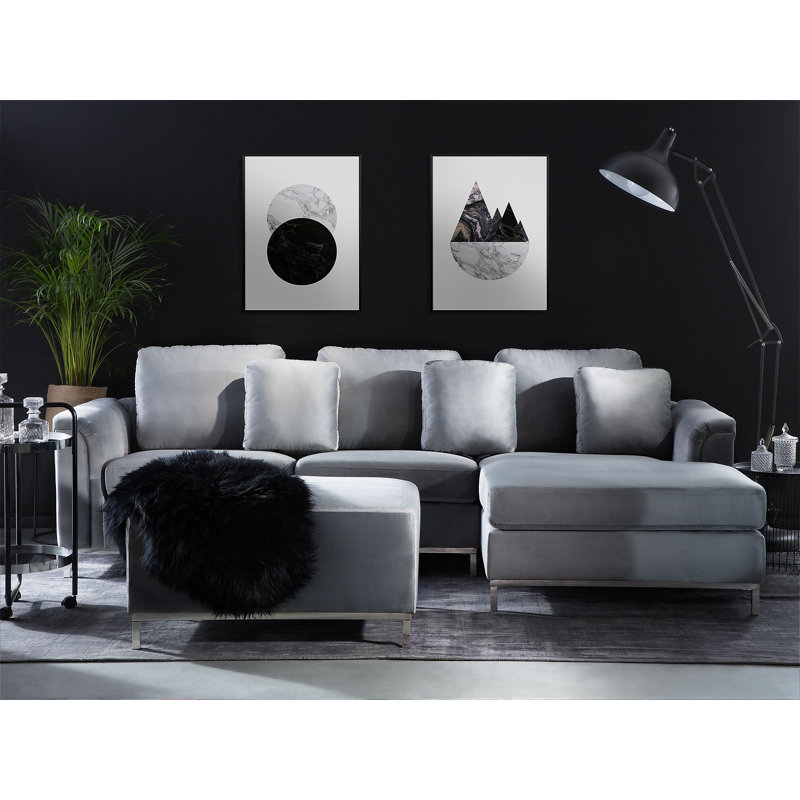 Kaya 4 Seater Velvet Corner Sofa , Right Hand Facing, SIlver, Grey