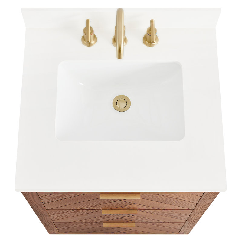 Meuble-lavabo simple autoportant à grain de bois 24 po avec plateau en quartz blanc pur Atilia, L 24 po