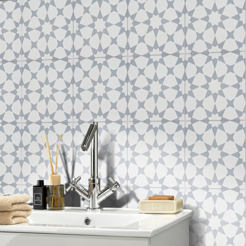 Medina 8" x 8" Cement Patterned Wall & Floor Tile, White/Gray