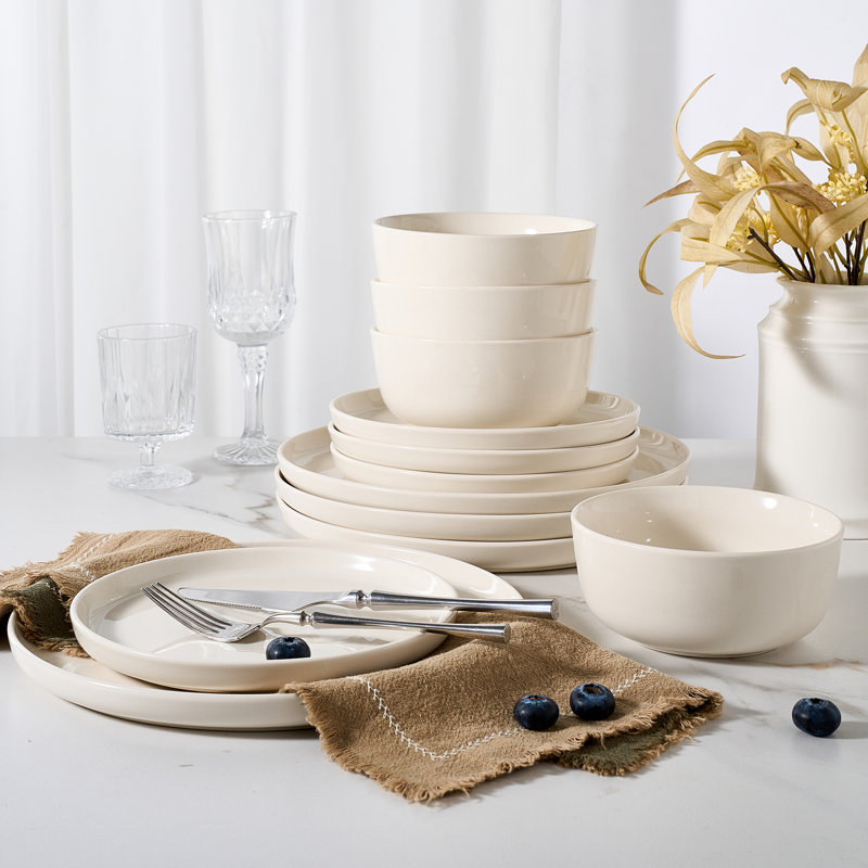 Service de table en porcelaine 24 pièces, assiettes et bols pour 8, crème, Crème