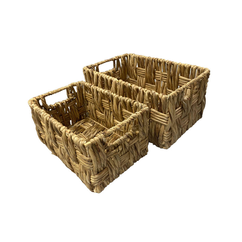 2 Piece Brown Jute Handmade Storage Basket with Handles Set, 16", 13"W