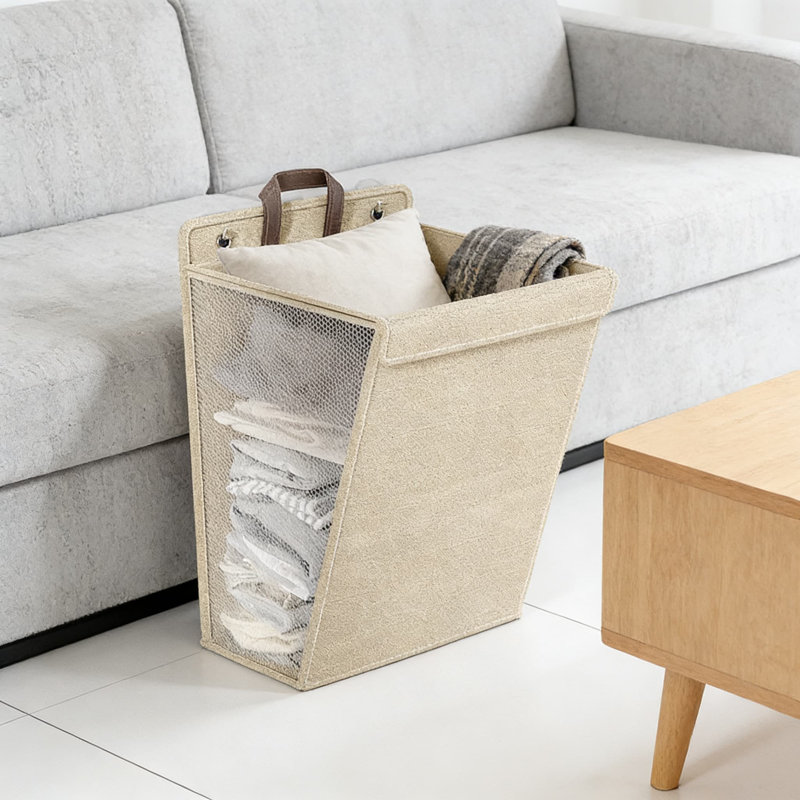 Two Large Beige Pieces,Foldable Laundry Hamper Basket For Home, Bathroom, Dorm - Multi-Functional Storage Organizer With Wall Mount Option, Made Of Breathable Linen Cotton Blend