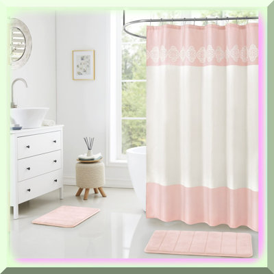 Rose Pink Bliss Bathroom Set: 15pc Shower Curtain & Memory Foam Rugs. Modern Design, Non-Slip Mats, Roller Ball Hooks. Carrie Lite Collection
