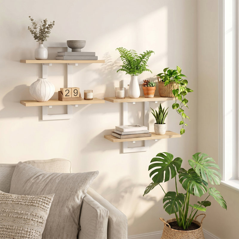 Tablette flottante, tablettes murales, Blanc et bois naturel
