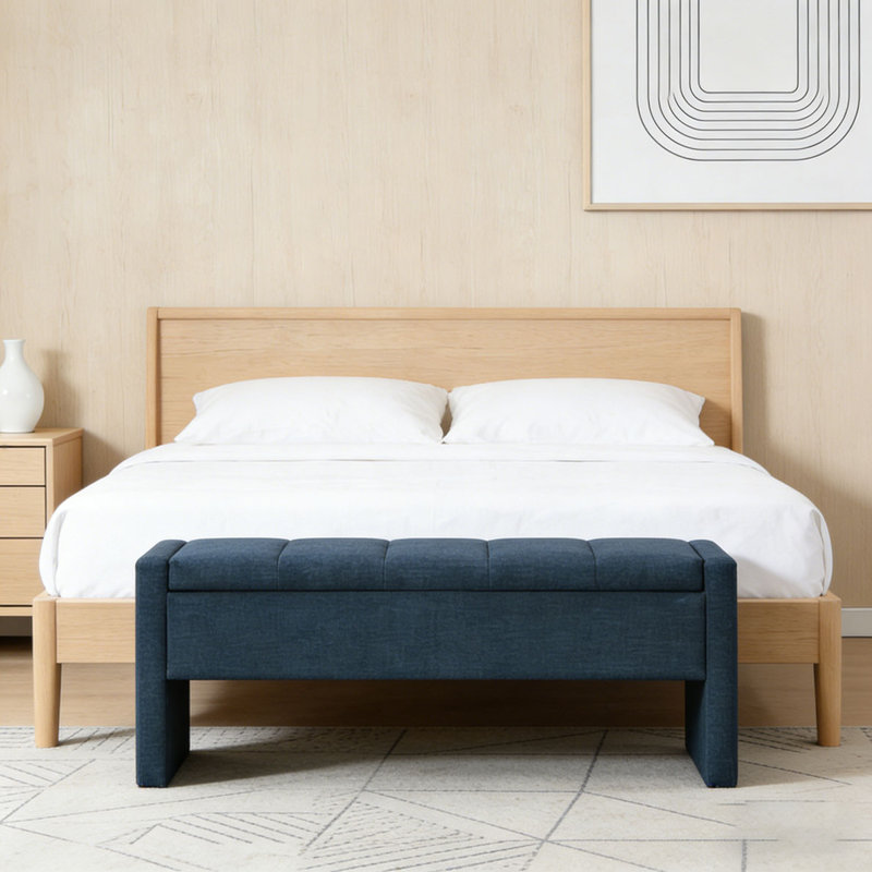 Modern Bed End Bench with Storage, Navy Blue