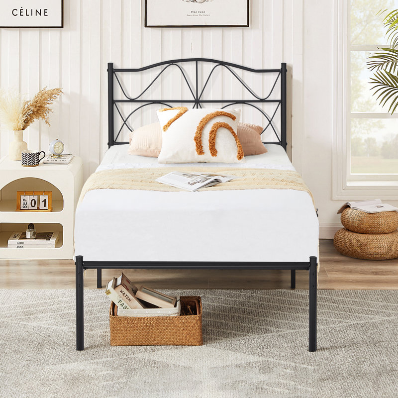 Chelby Set of 2 Twin Size Bed Frame Metal Platform Bed with Curved Design Headboard Strong Slats Support, Black