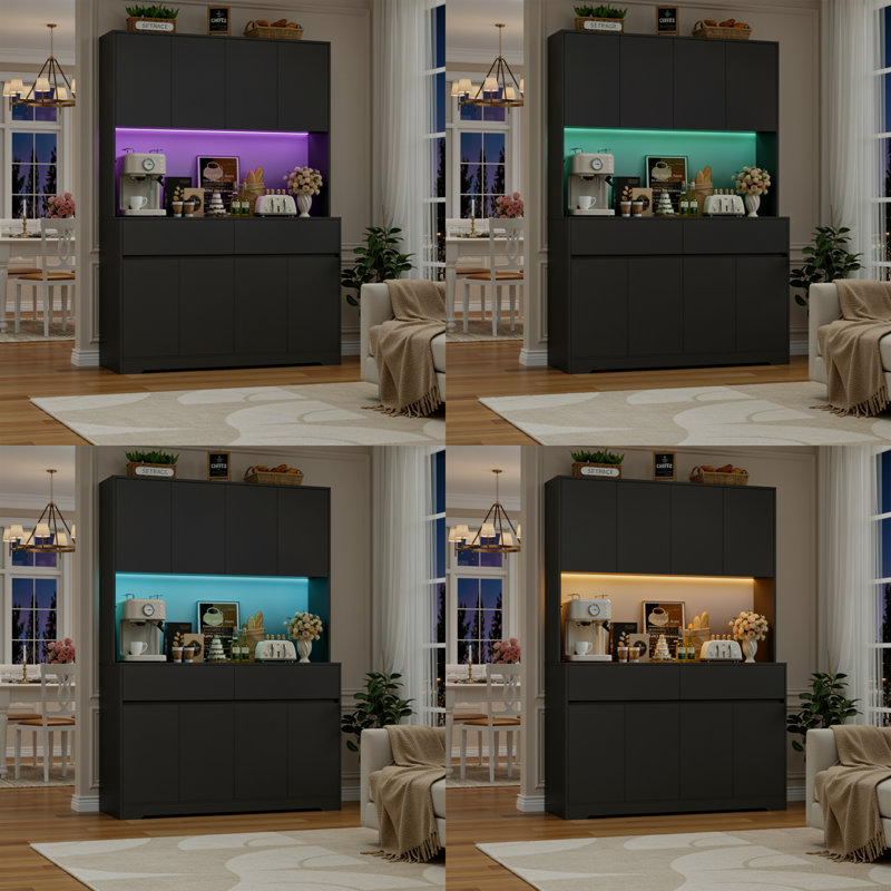 Aybike 🌈💡 71"H X 47.2"W 8-Door Pantry Cabinet with Adjustable RGB LED Lights and Charging Station, Modern Food Pantry with Adjustable Shelves & Soft-close Doors