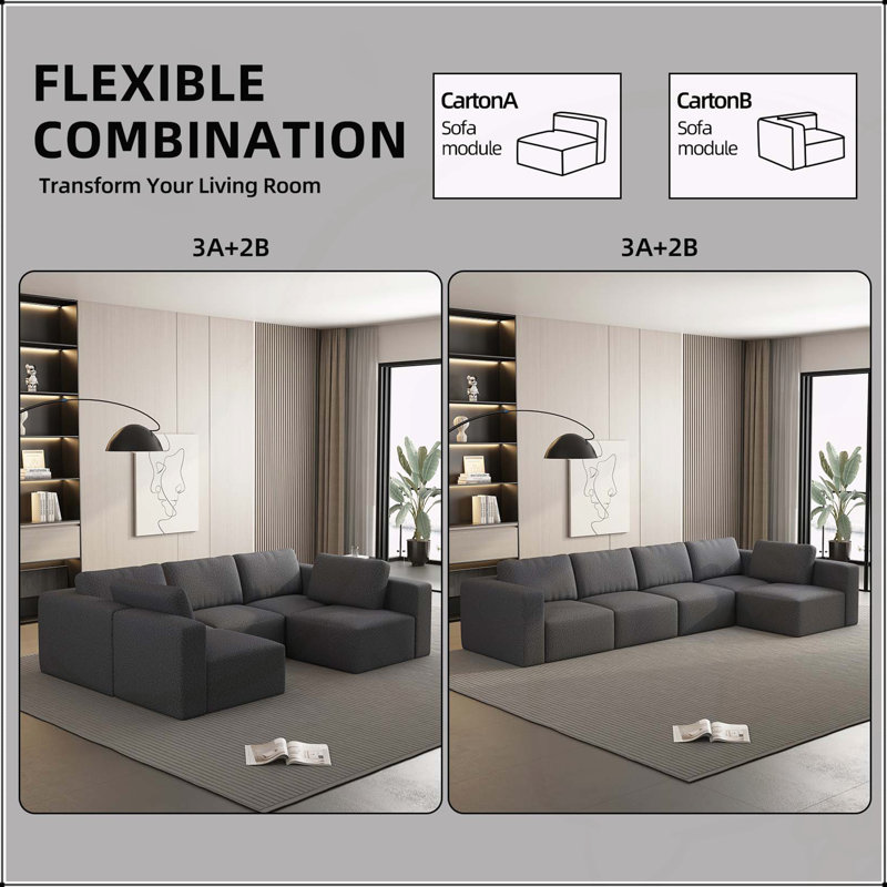 Canapé-lit modulaire Boneless avec méridienne et repose-pieds, ensemble convertible en forme de U, éponge compressée (Combo 3A + 2B)