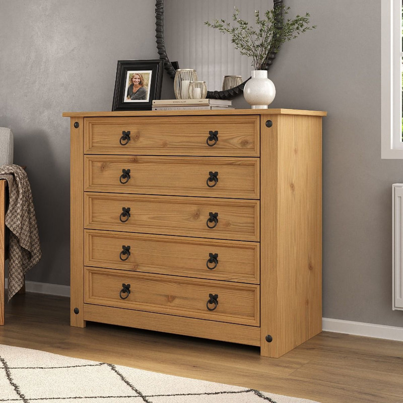 Stephania 5 Drawer 89Cm W Solid Pine Wood Chest of Drawers Corona Design