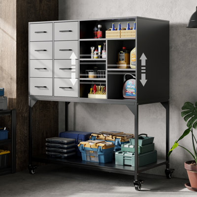 Tool Cabinet On Wheels, Rolling Tool Trolley Cart with Large Storage Space, Tools Storage Organizer with Pegboard for Workshop Garage, Black & White (100W x 50D x 121H)