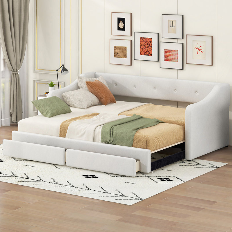 Upholstered Daybed With Two Drawers, Beige, Extra-long Twin