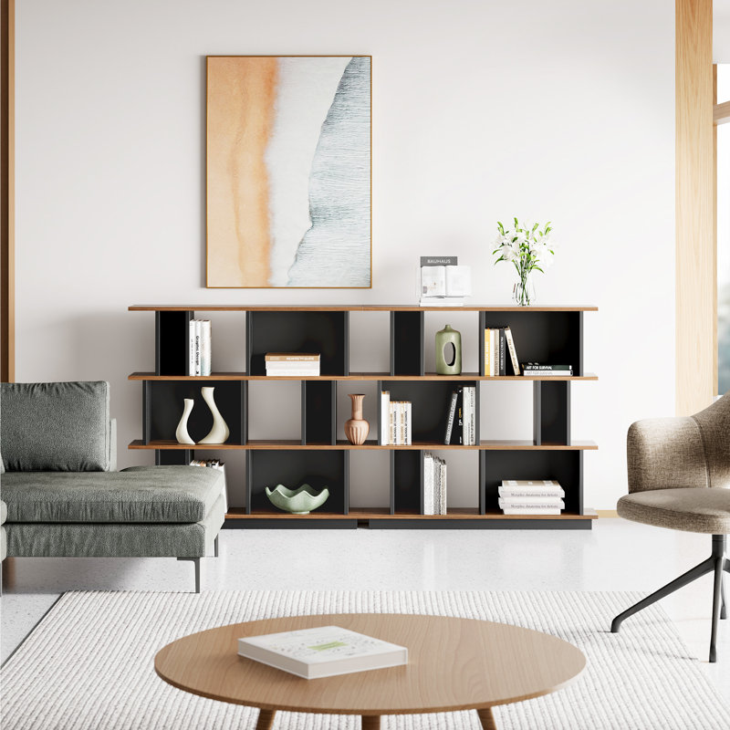 Modern 43.4''H x 51''W Geometric Bookcase, Wooden Wide Room Divider Bookshelf with Storage, 3 Tier Open Decorative Display Shelf in Black Walnut