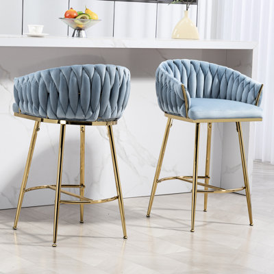 Of 2 26'' Counter Height Bar Stools, Blue Velvet Kitchen Island Stools With Hand-Wave Back Robustness, Golden Base And Footrest, Gentle High Rebound Foam, Adjustable Metal Legs Look, Relaxing Foam