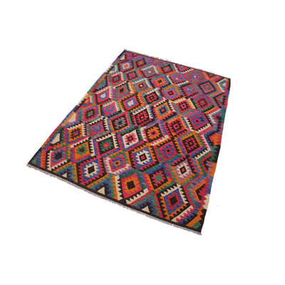Tapis géométrique rouge / ivoire / violet en laine fabriqué à la main 6 pi 6 po x 9 pi 1 po Madee